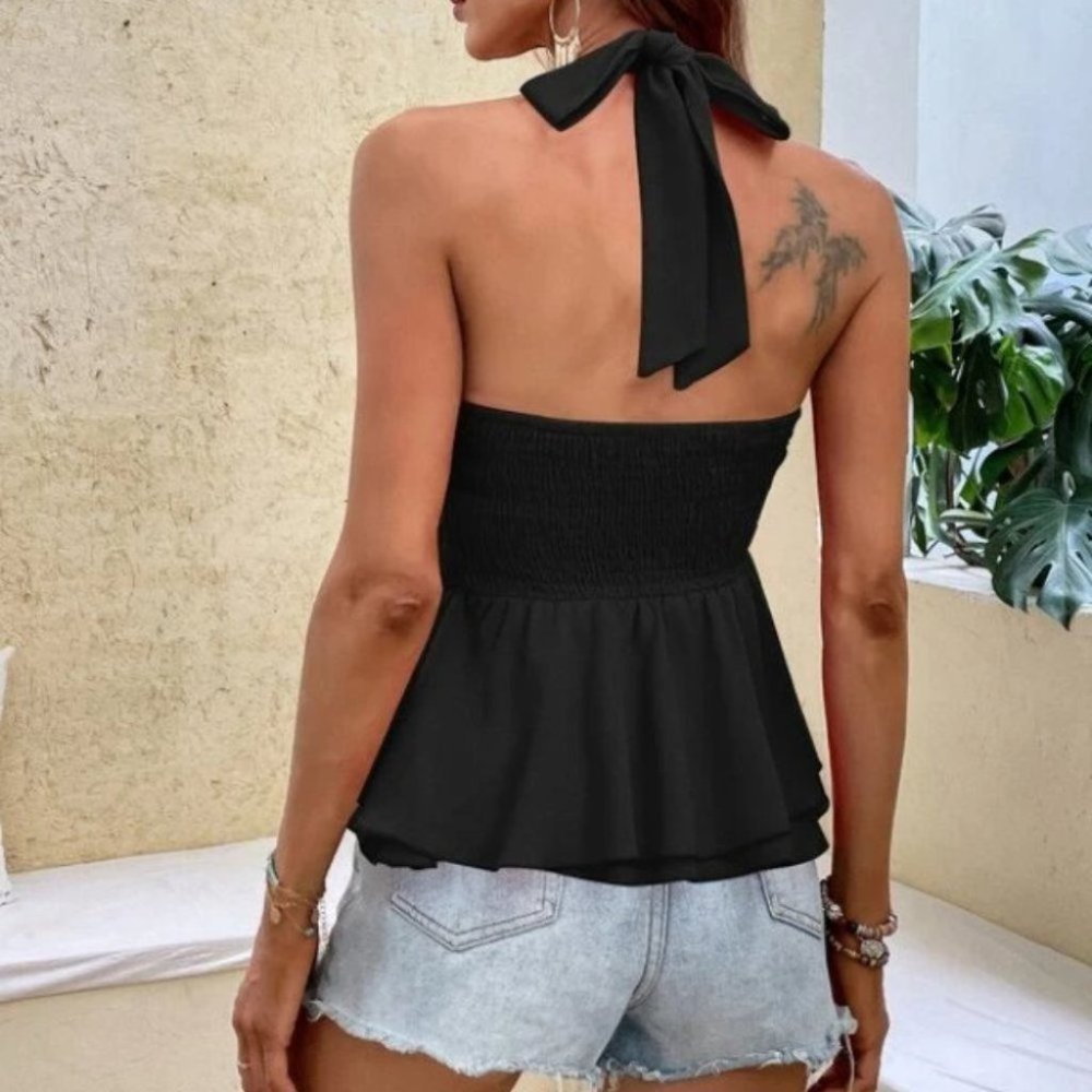 boho Ruffle Hem Halter Shirred Back Blouse Top Black - Picture 7 of 7